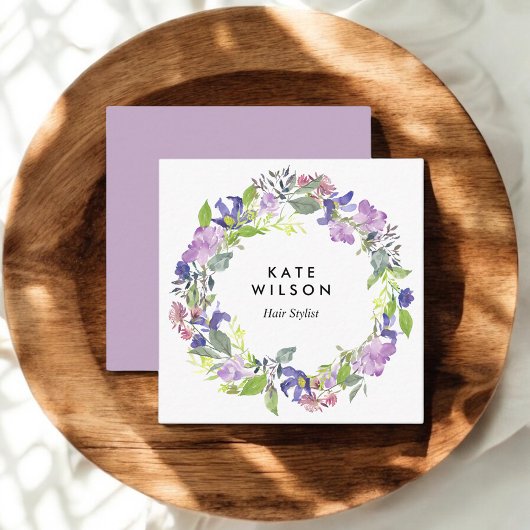 フローラ水彩リース紫色の青い花 スクエア名刺