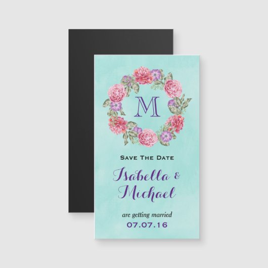 フローラ水彩リース結婚式の日付を保存 (正面/裏面)