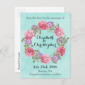 フローラ水彩リース結婚式の日付を保存 案内ポストカード (正面/裏面)