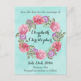 フローラ水彩リース結婚式の日付を保存 案内ポストカード