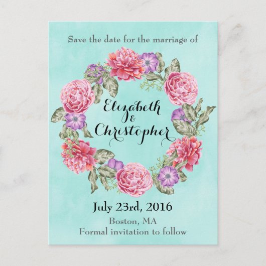 フローラ水彩リース結婚式の日付を保存 案内ポストカード (正面)