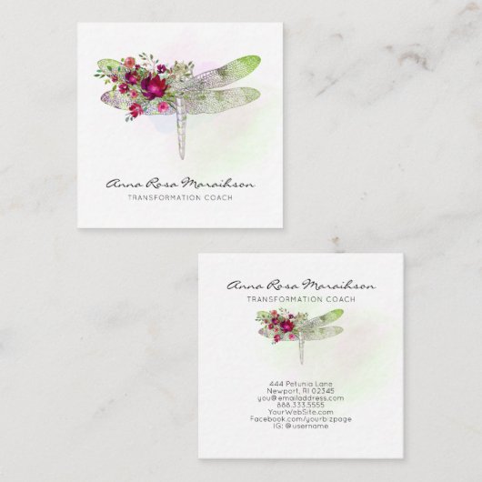 *~*フローラ水彩レッドローズミントドラゴンフライ スクエア名刺 (正面/裏面)