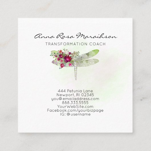 *~*フローラ水彩レッドローズミントドラゴンフライ スクエア名刺 (裏面)