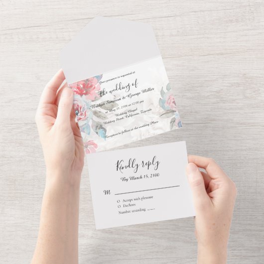 フローラ水彩ワイルドフラワーバラ結婚ズ オールインワン招待状 (貼ってはがせる)