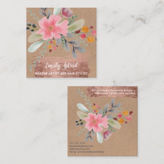 フローラ水彩化粧ヘアクラフトバラ金ゴールド スクエア名刺 (正面/裏面)