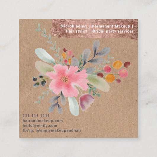 フローラ水彩化粧ヘアクラフトバラ金ゴールド スクエア名刺 (裏面)