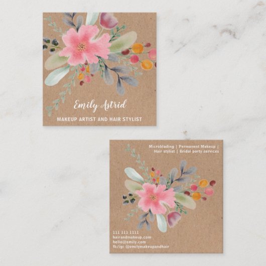 フローラ水彩化粧ヘアスクリプトクラフト スクエア名刺 (正面/裏面)