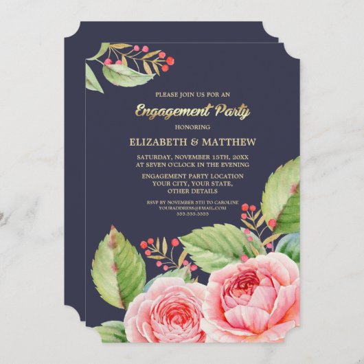 フローラ水彩婚約パーティ招待状 招待状 (正面/裏面)