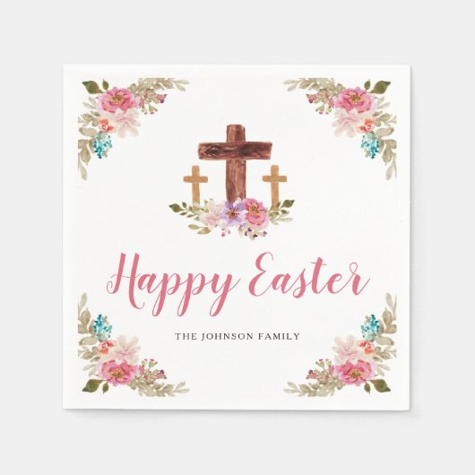 フローラ水彩宗教クロスハッピーイースター スタンダードカクテルナプキン (正面)
