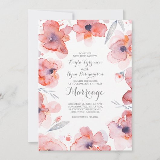 フローラ水彩植物ビンテージウェディング 招待状 (正面)