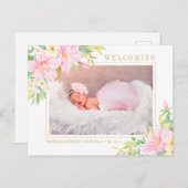 フローラ水彩植物性ピンクベビーガール写真 案内ポストカード (正面/裏面)