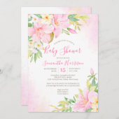 フローラ水彩植物性赤面ピンクベビーシャワー 招待状 (正面/裏面)