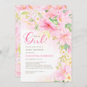 フローラ水彩植物性赤面ピンクベビーシャワー 招待状 (正面/裏面)