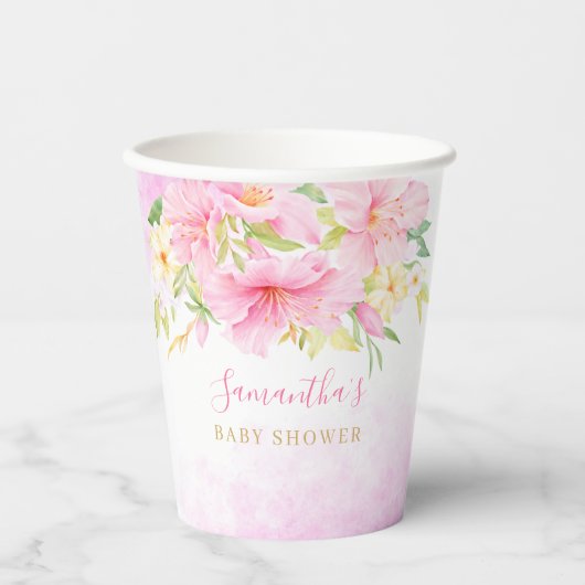 フローラ水彩植物性赤面ピンクベビーシャワー 紙コップ (正面)
