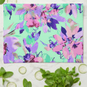 フローラ水彩模様ティール(緑がかった色)紫ピンク キッチンタオル (折り畳み)