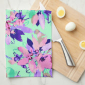 フローラ水彩模様ティール(緑がかった色)紫ピンク キッチンタオル (四つ折り)