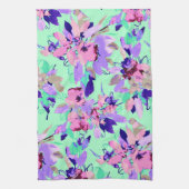 フローラ水彩模様ティール(緑がかった色)紫ピンク キッチンタオル (縦)