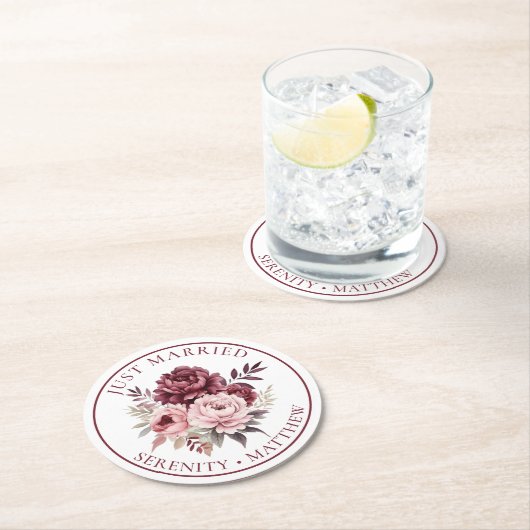 フローラ水彩牡丹たった今結婚しました結婚ズ ラウンドペーパーコースター (インサイチュ)