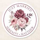 フローラ水彩牡丹たった今結婚しました結婚ズ ラウンドペーパーコースター (正面)