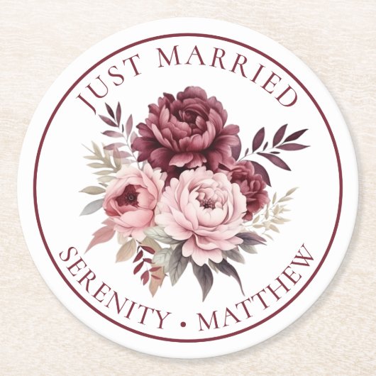 フローラ水彩牡丹たった今結婚しました結婚ズ ラウンドペーパーコースター (正面)