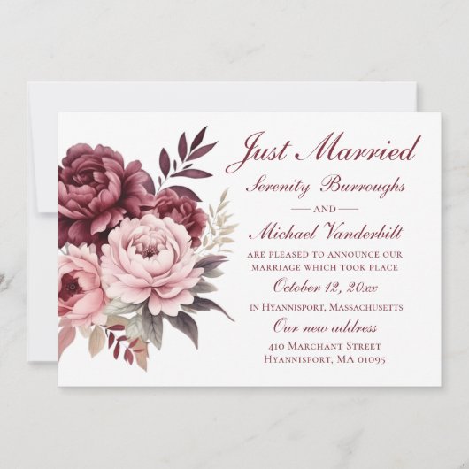 フローラ水彩牡丹たった今結婚しました結婚ズ 案内状 (正面)