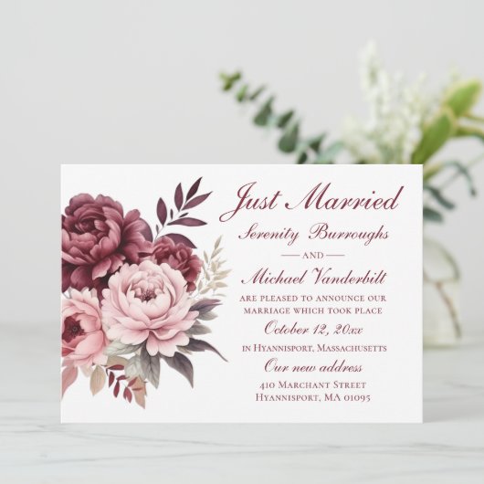 フローラ水彩牡丹たった今結婚しました結婚ズ 案内状 (スタンド正面)