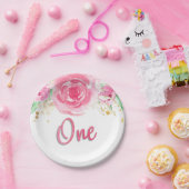 フローラ水彩牡丹1つ目の誕生日 ペーパープレート (パーティー)