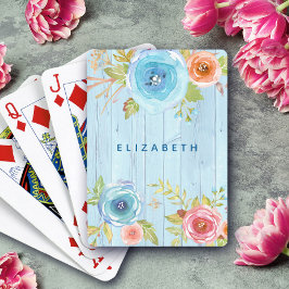 フローラ水彩素朴な青い木材名前をカスタムする トランプ