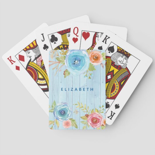 フローラ水彩素朴な青い木材名前をカスタムする トランプ (裏面)