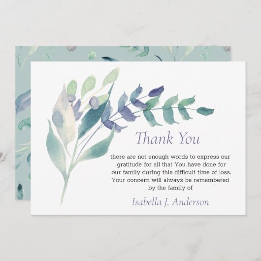 フローラ水彩素朴薄紫葬儀悔やみや弔慰 サンキューカード (正面/裏面)