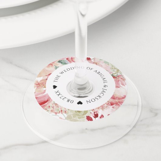 フローラ水彩結婚式レセプションカスタム文字 ワイングラスタグ (クローズアップ)