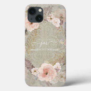 フローラ水彩緑素朴金ゴールドグリッター iPhone 13ケース