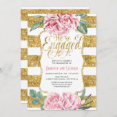 フローラ水彩色金ゴールドグリッター婚約パーティ 招待状 (正面/裏面)