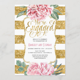 フローラ水彩色金ゴールドグリッター婚約パーティ 招待状