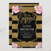 フローラ水彩色金ゴールドグリッター婚約パーティ 招待状 (正面/裏面)