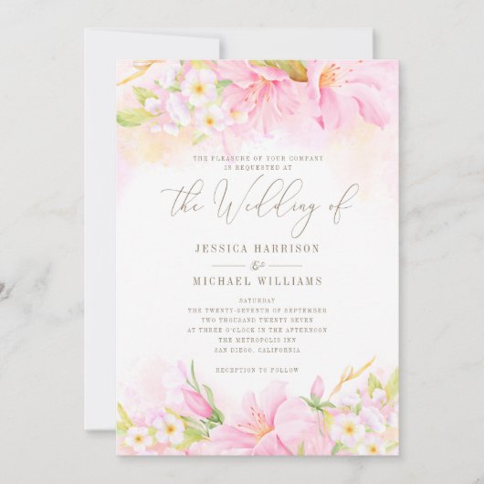 フローラ水彩赤面ピンクグラデーションボタニカルボ 招待状 (正面)