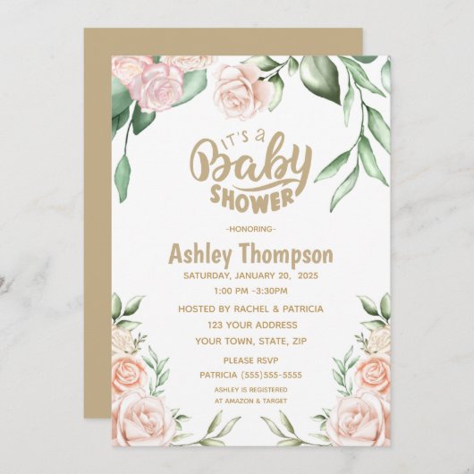 フローラ水彩赤面ピンクベビーシャワー 招待状 (正面/裏面)