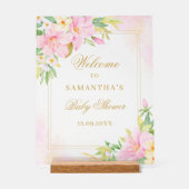 フローラ水彩赤面ピンク赤ちゃんシャワーへようこそ アクリルサイン (正面)