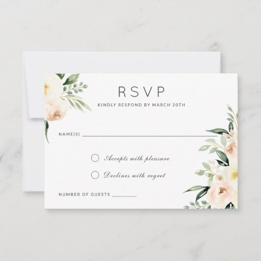 フローラ水彩赤面ピーチグリーンモダンリ 招待状 (正面)