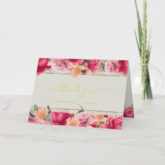 フローラ水彩赤面ピ結婚ンク実在金ゴールド 箔グリーティングカード (正面)