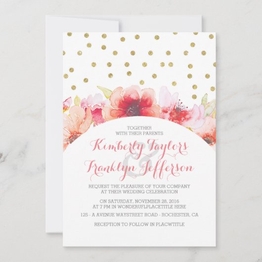 フローラ水彩金ゴールドピンク赤面ヴィンテージウェディング 招待状 (正面)
