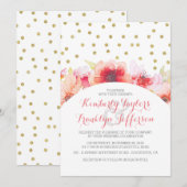 フローラ水彩金ゴールドピンク赤面ヴィンテージウェディング 招待状 (正面/裏面)