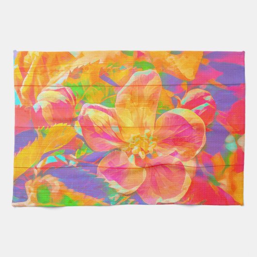 フローラ水色の花色彩の鮮やか木黄色のピンク キッチンタオル (横)