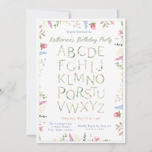 フローラ水色アルファベットABC誕生日招待状 招待状 (正面)