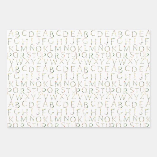 フローラ水色アルファベビーシャワーギフトラップ ラッピングペーパーシート (正面)