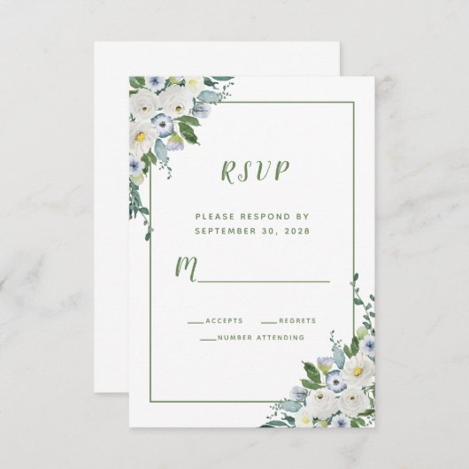 フローラ水色エレガントなウェディングホワイトグリーン 出欠カード (正面/裏面)