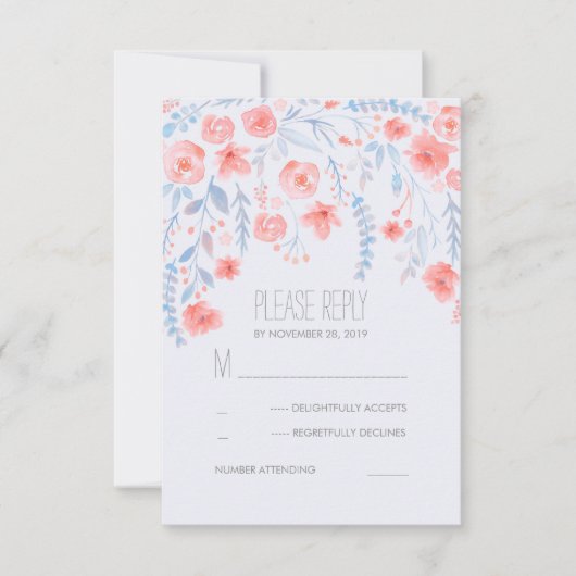 フローラ水色エレガントなウェディングRSVPカード 出欠カード (正面)