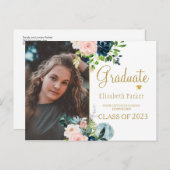 フローラ水色エレガント写真卒業 案内ポストカード (正面/裏面)