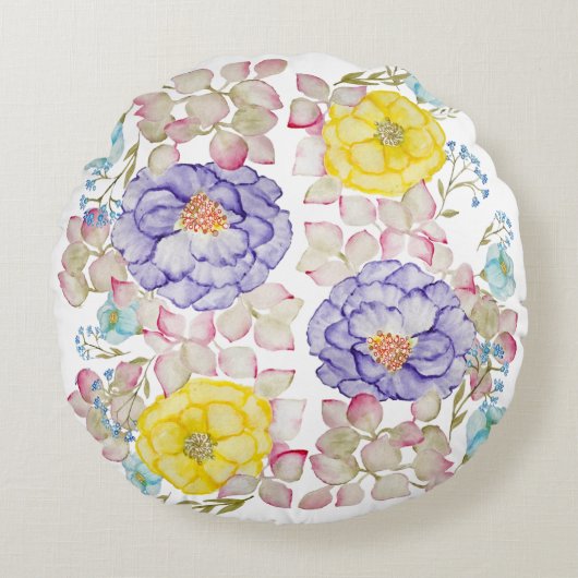 フローラ水色エレガント模様装飾用クッション ラウンドクッション (正面)