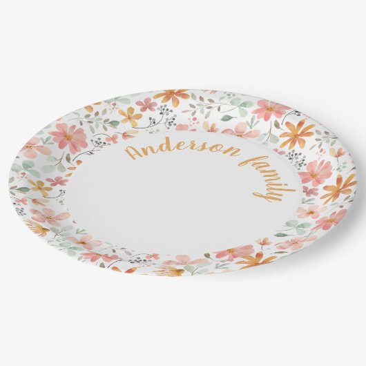 フローラ水色オレンジの名前感謝祭 ペーパープレート (アングル)